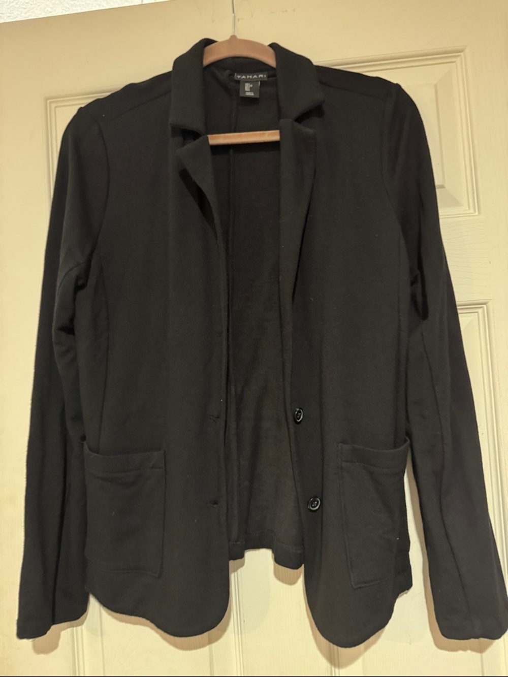 Tahari Black Open-Front Knit Blazer with Patch Pockets